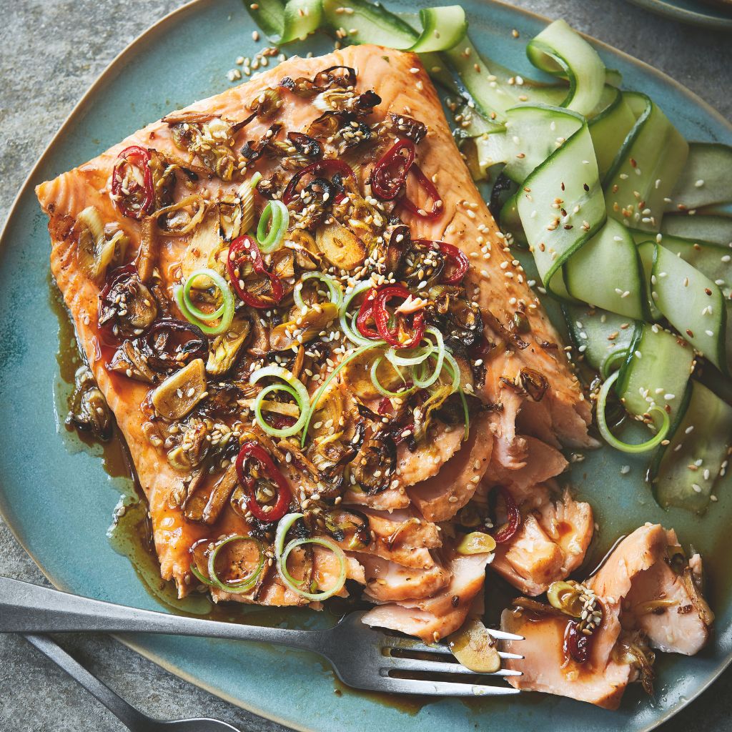 Katie Caldesi’s Roast Salmon with Ginger, Lemon Grass and Spring Onions