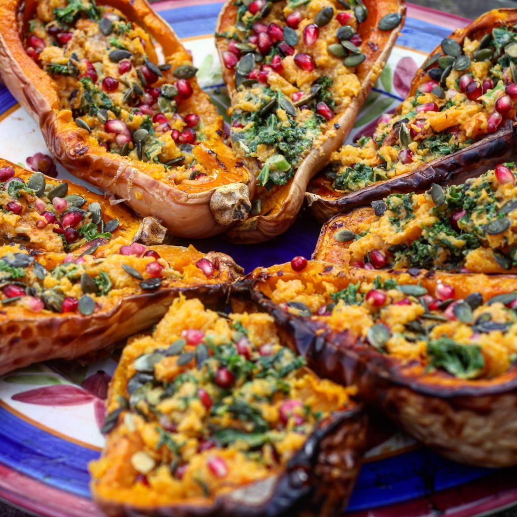 Tahini, Pomegranate & Kale stuffed Squash