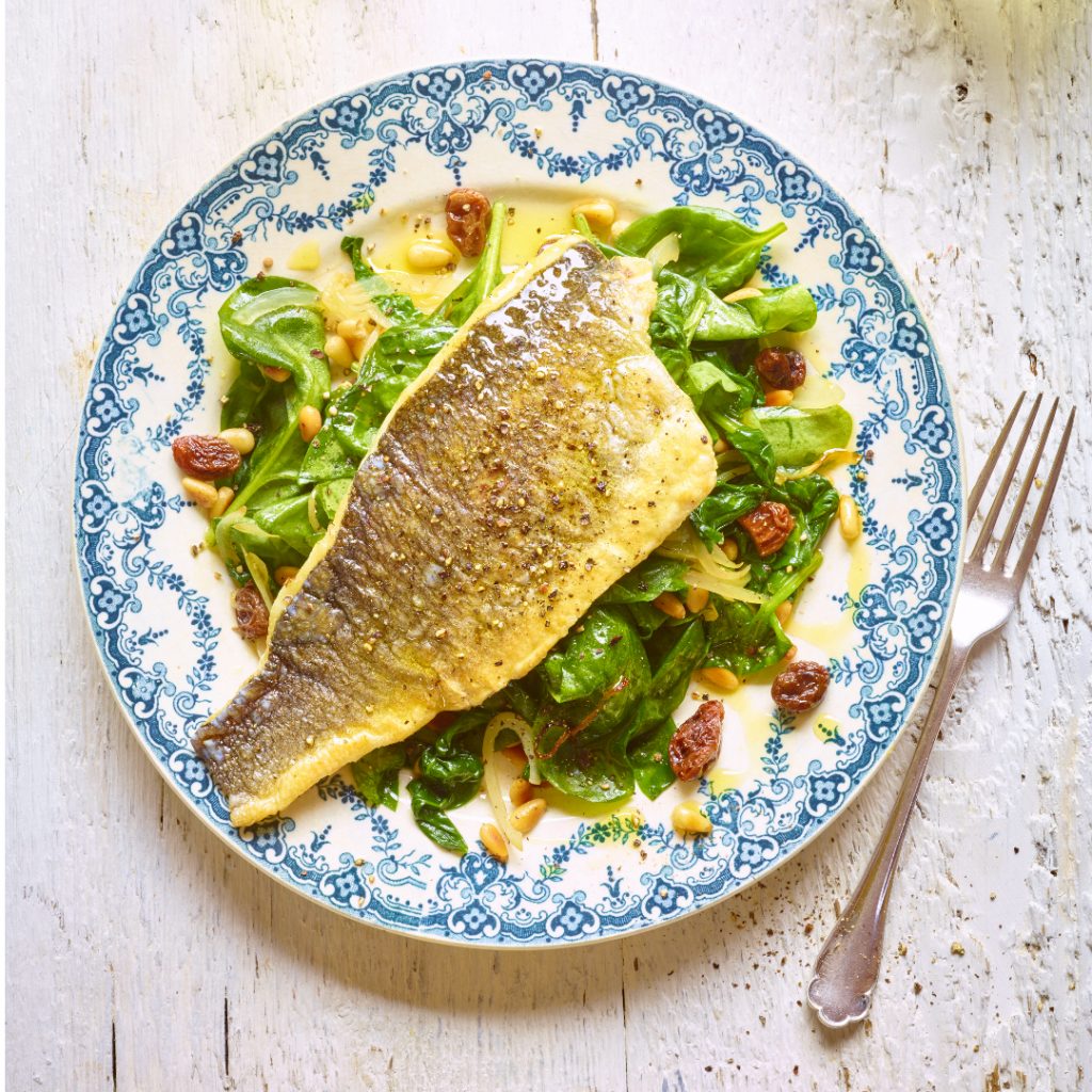 Sea Bass with Pine Nuts, Sultanas & Spinach