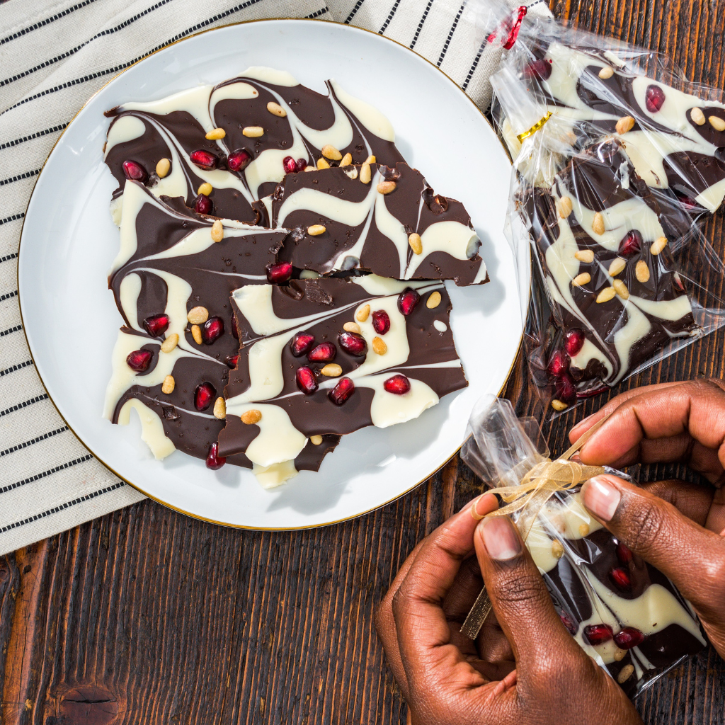 Chocolate Bark with Pine Nuts and Pomegranate