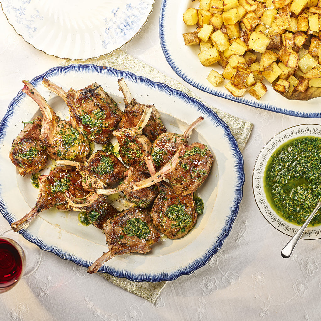Lamb Cutlets with Mint Salsa Verde & Patate alla Sarda