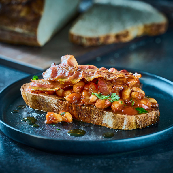 Smoky cannellini beans & crispy bacon on sourdough