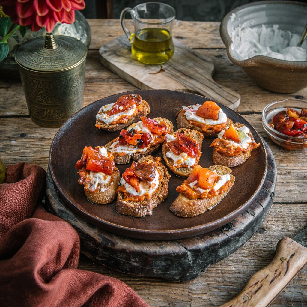 Hot Chilli pesto crostini with whipped ricotta & charred peppers