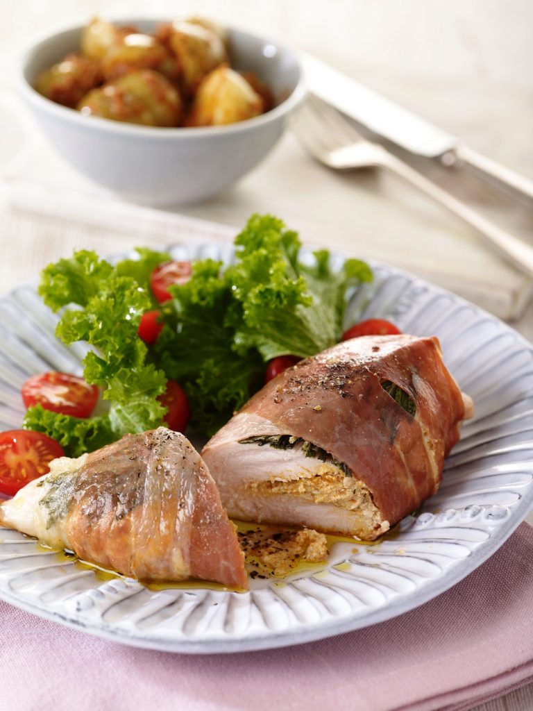 Tomato & Ricotta Pesto Stuffed Chicken Wrapped In Parma Ham