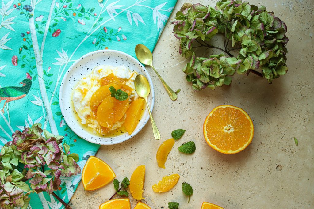 Vegan ‘mascarpone’ and caramelised oranges