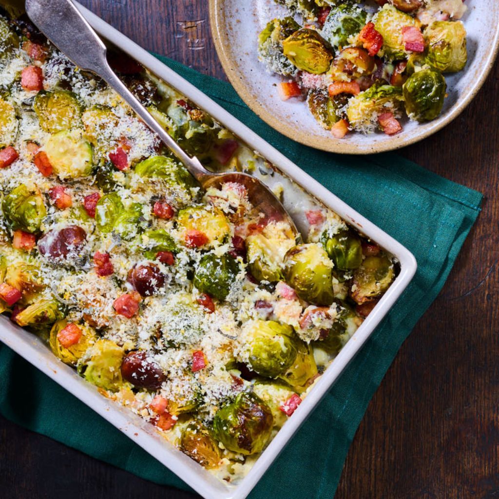 Roasted Sprout, Pancetta & Chestnut Gratin