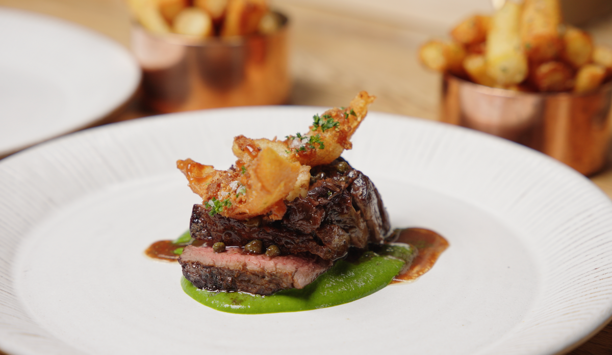 Tom Kerridge Fillet of beef with Hand & Flowers chips & Green peppercorn sauce