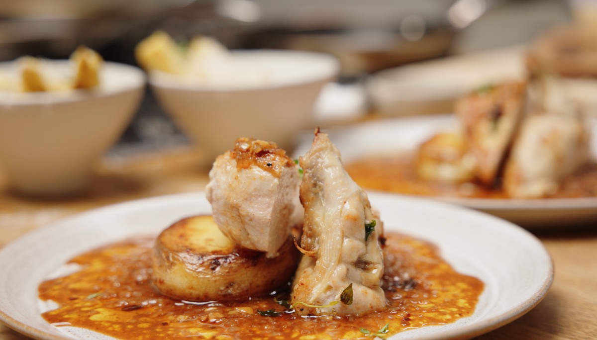 Poppy O'Toole's Potato fondants with pan roasted chicken supreme, charred maple and parmesan baby corn, honey chipotle pan sauce