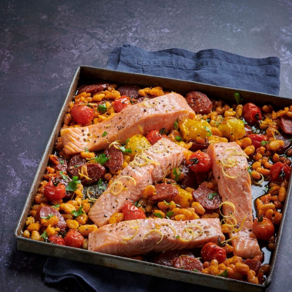 Chorizo and Salmon Tray Bake