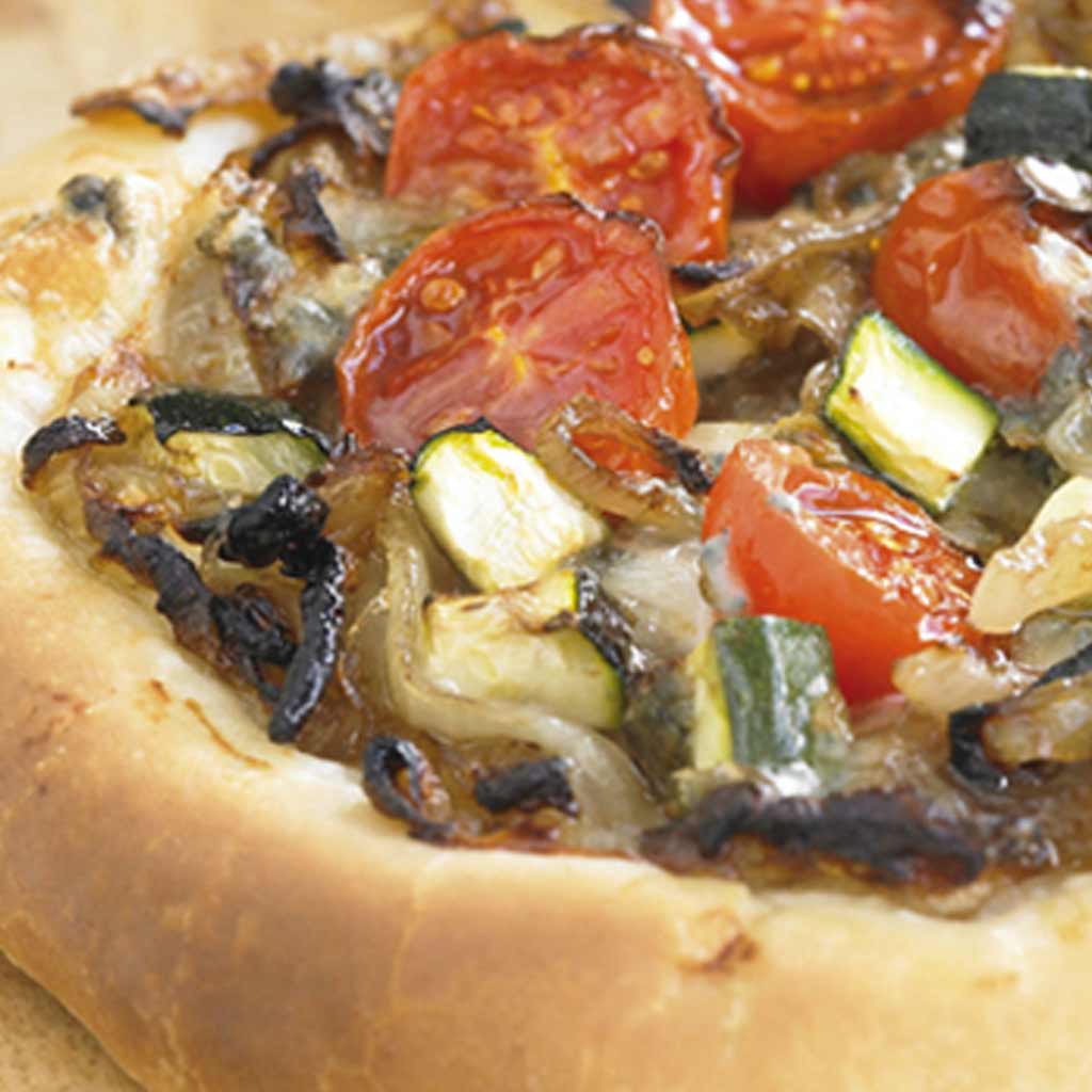 Caramelised Onion Pizza with Courgette, Tomato and Blue Cheese