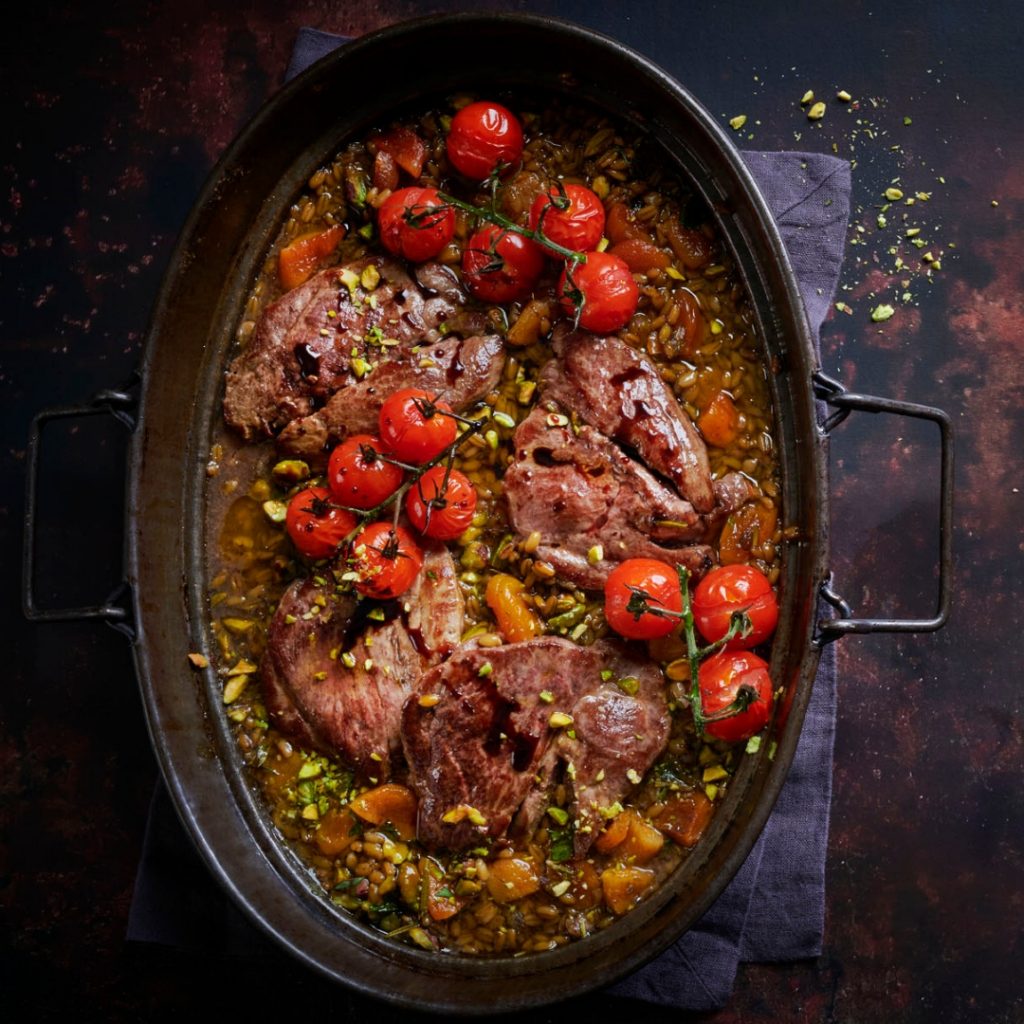 Lamb with Freekeh, Apricots and Pistachios