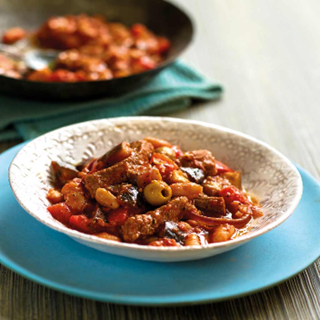 Pan Fried Beef with aubergine, tomato and cannellini beans