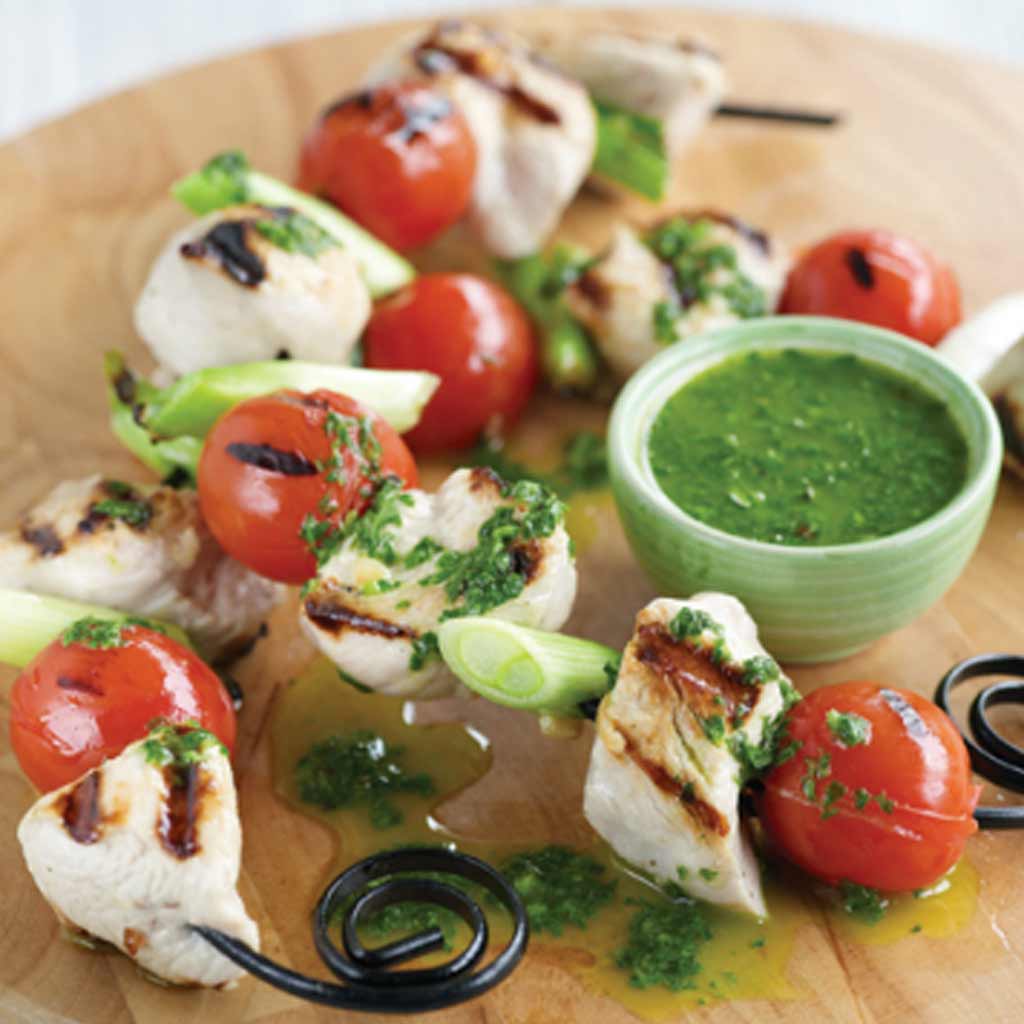 Turkey Kebabs with Basil Dressing